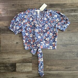 Monteau Womens Teens Medium Floral Wrap Crop Top Ruffle Blue Short Sleeve NWT
